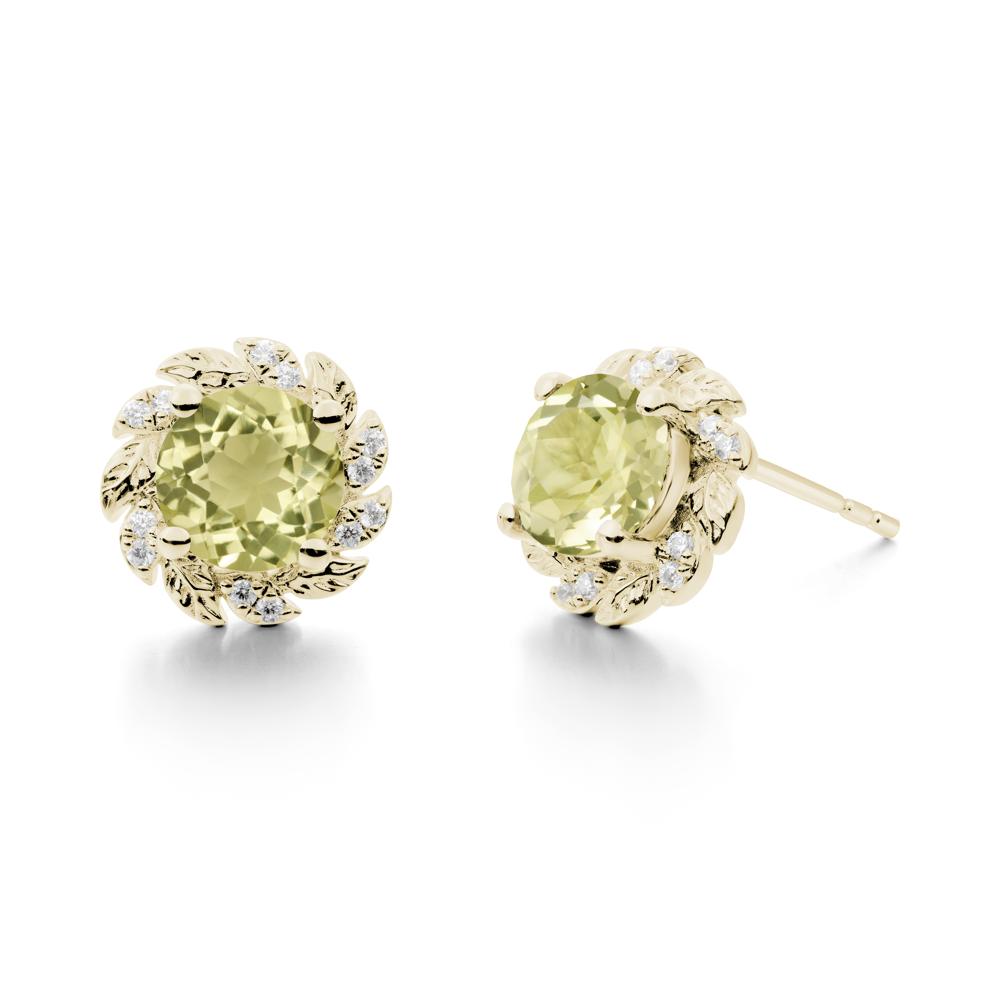 Round Lemon Quartz Leaf Halo Stud Earrings - LUO Jewelry #metal_14k yellow gold