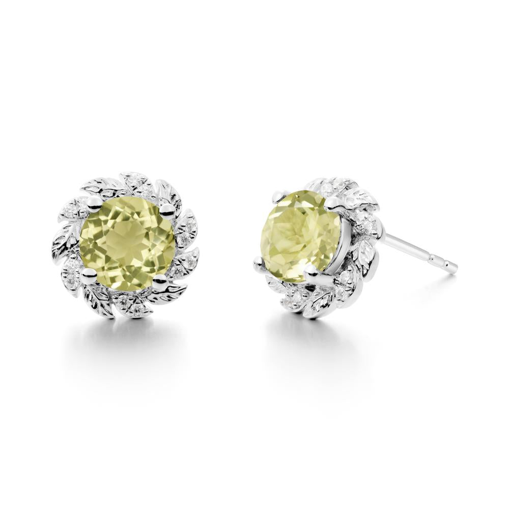 Round Lemon Quartz Leaf Halo Stud Earrings - LUO Jewelry #metal_sterling silver