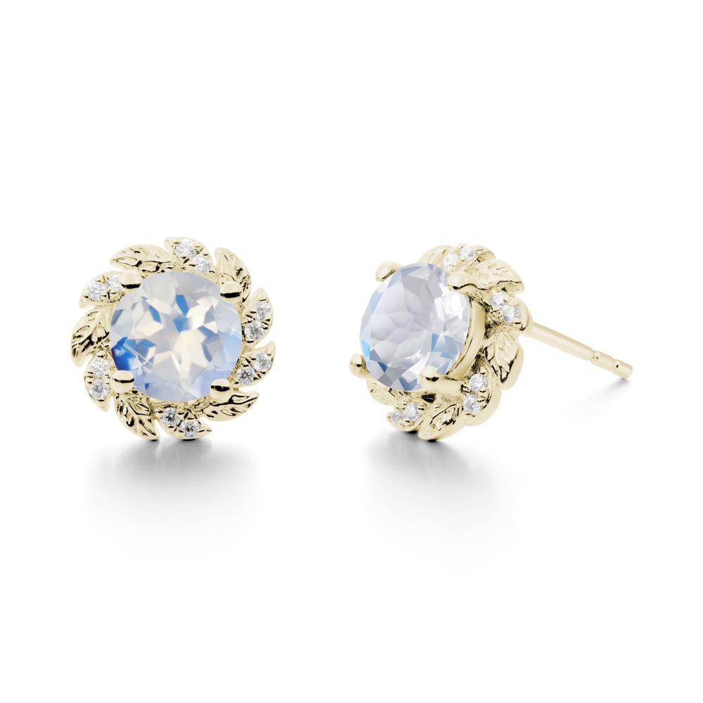 Round Moonstone Leaf Halo Stud Earrings - LUO Jewelry #metal_14k yellow gold