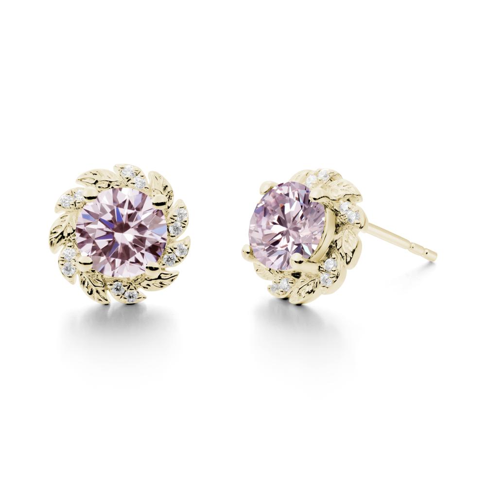Round Pink Cubic Zirconia Leaf Halo Stud Earrings - LUO Jewelry #metal_14k yellow gold