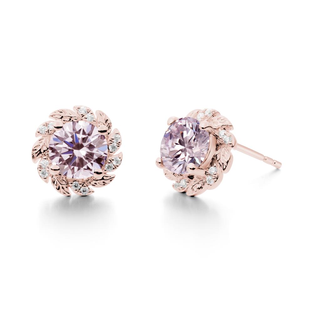Round Pink Cubic Zirconia Leaf Halo Stud Earrings - LUO Jewelry #metal_18k rose gold