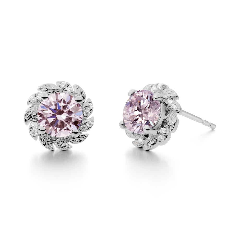 Round Pink Cubic Zirconia Leaf Halo Stud Earrings - LUO Jewelry #metal_platinum