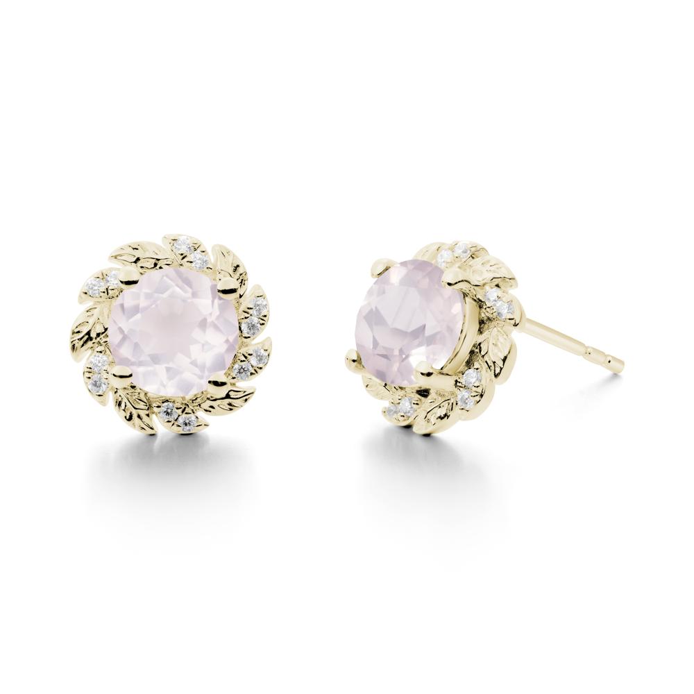 Round Rose Quartz Leaf Halo Stud Earrings - LUO Jewelry #metal_14k yellow gold