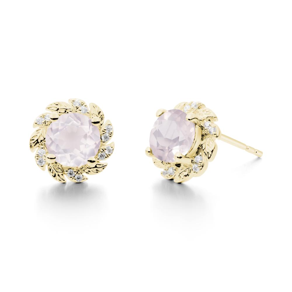 Round Rose Quartz Leaf Halo Stud Earrings - LUO Jewelry #metal_18k yellow gold