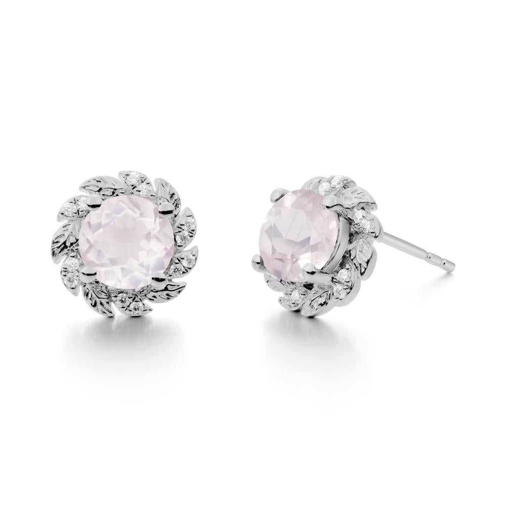 Round Rose Quartz Leaf Halo Stud Earrings - LUO Jewelry #metal_platinum