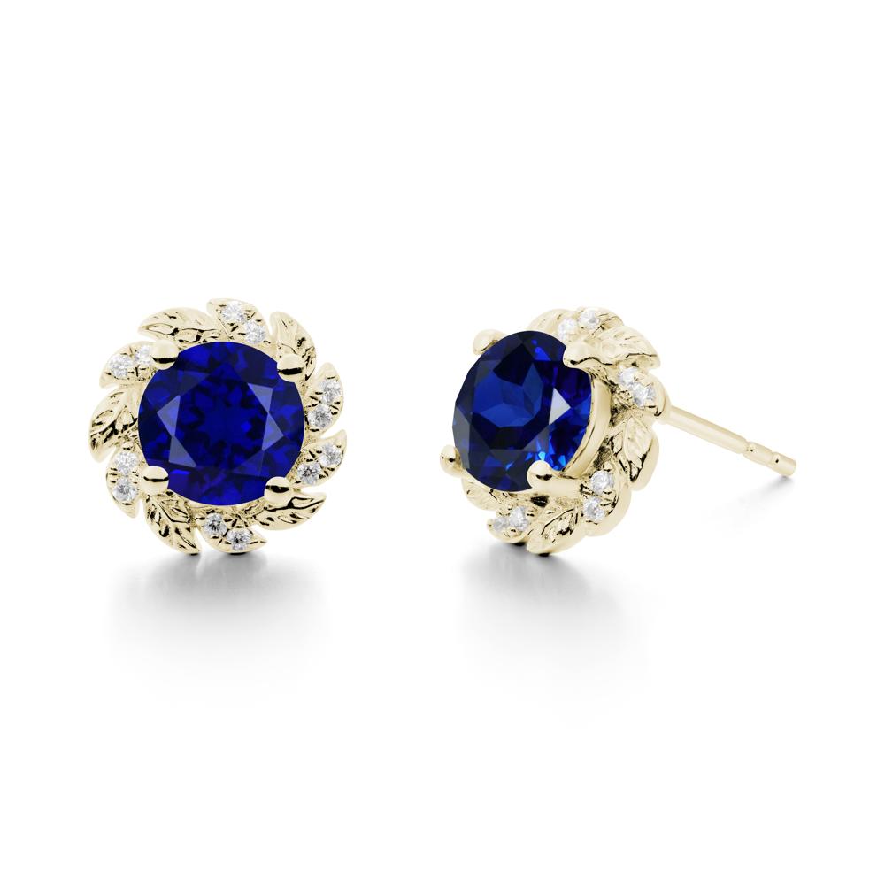 Round Sapphire Leaf Halo Stud Earrings - LUO Jewelry #metal_14k yellow gold