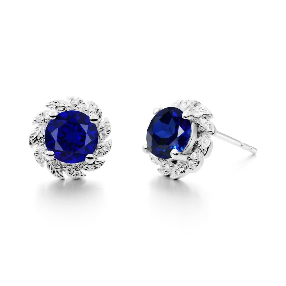 Round Sapphire Leaf Halo Stud Earrings - LUO Jewelry #metal_18k white gold