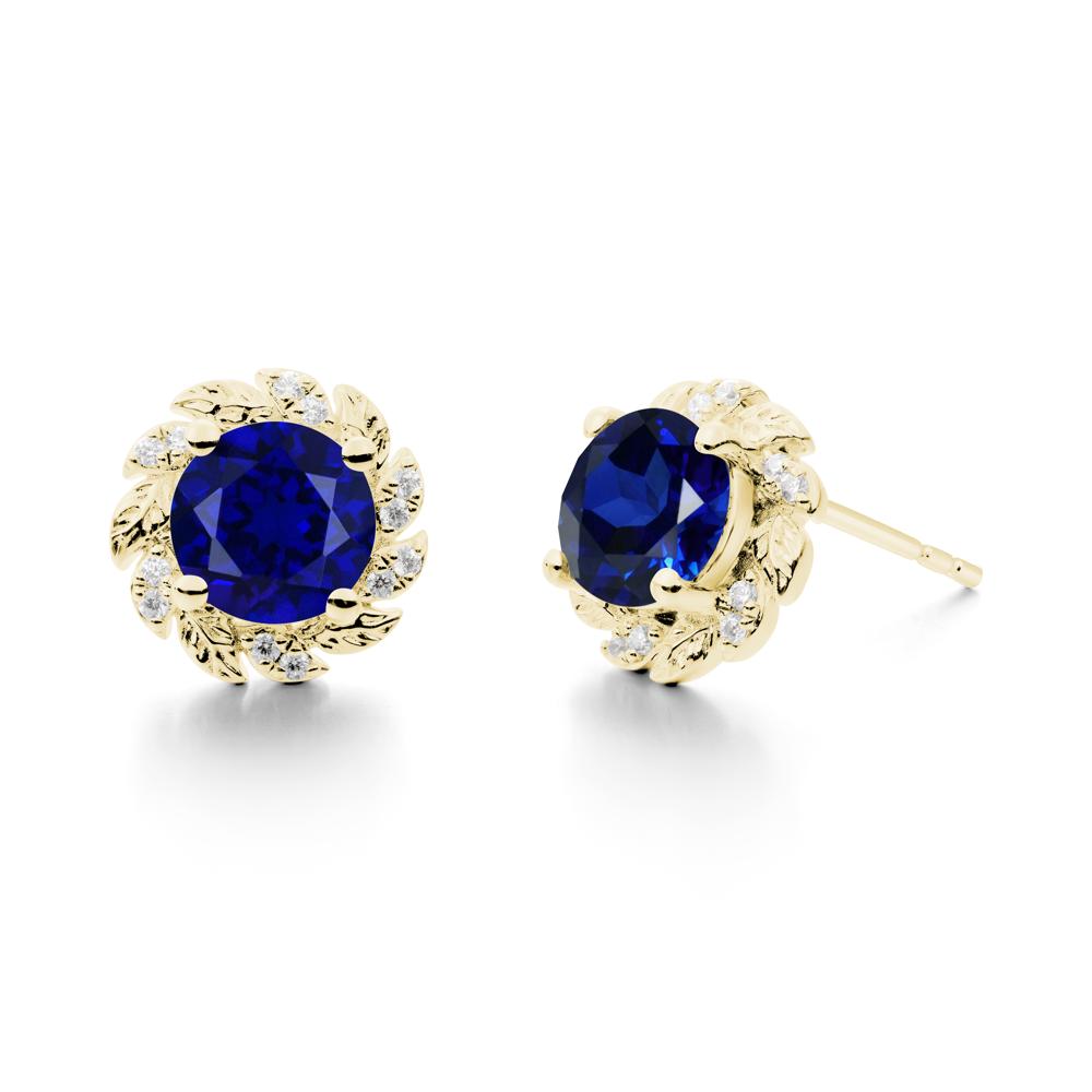 Round Sapphire Leaf Halo Stud Earrings - LUO Jewelry #metal_18k yellow gold