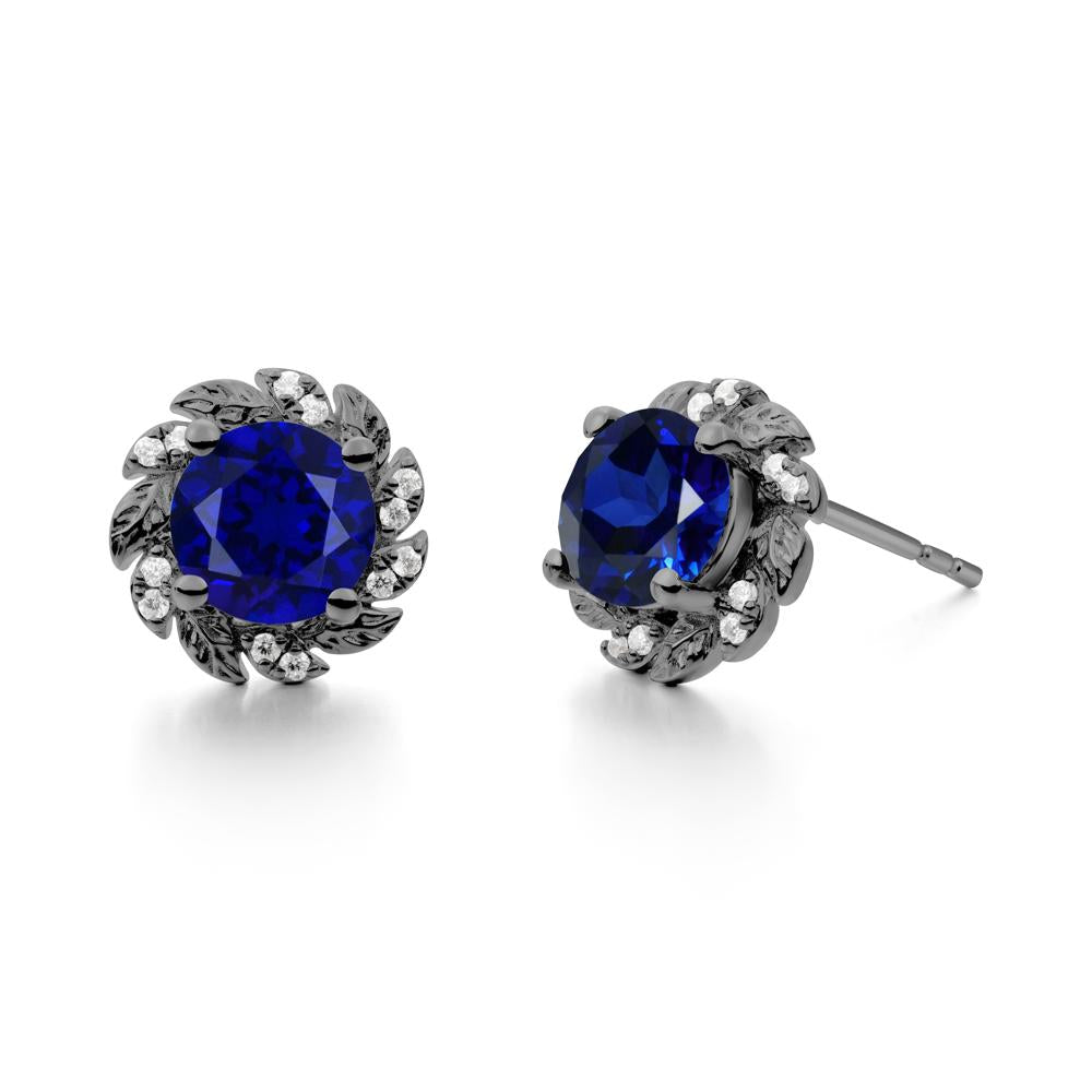 Round Sapphire Leaf Halo Stud Earrings - LUO Jewelry #metal_black finish sterling silver