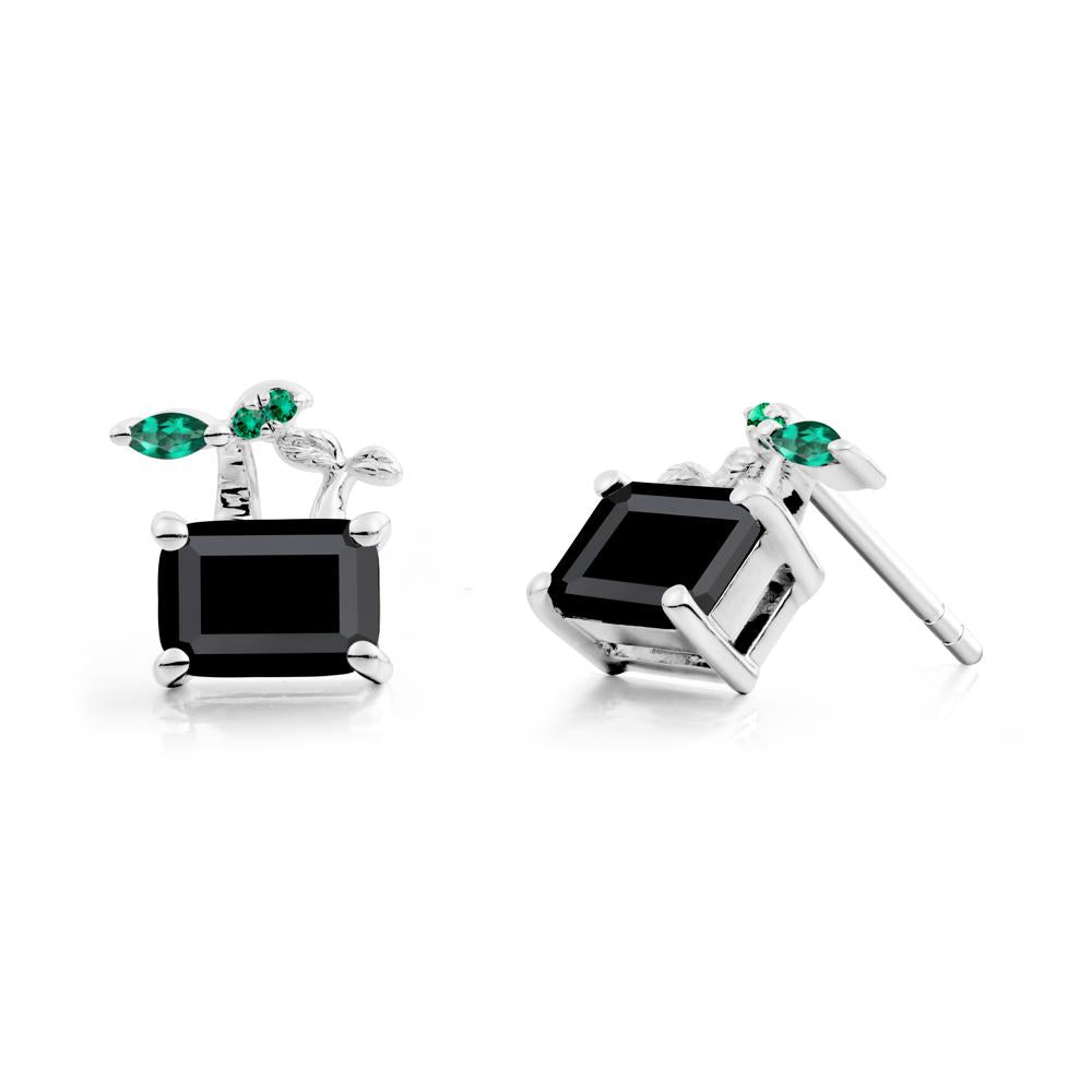 Emerald Cut Black Spinel and Emerald Sprout Earrings - LUO Jewelry #metal_14k white gold