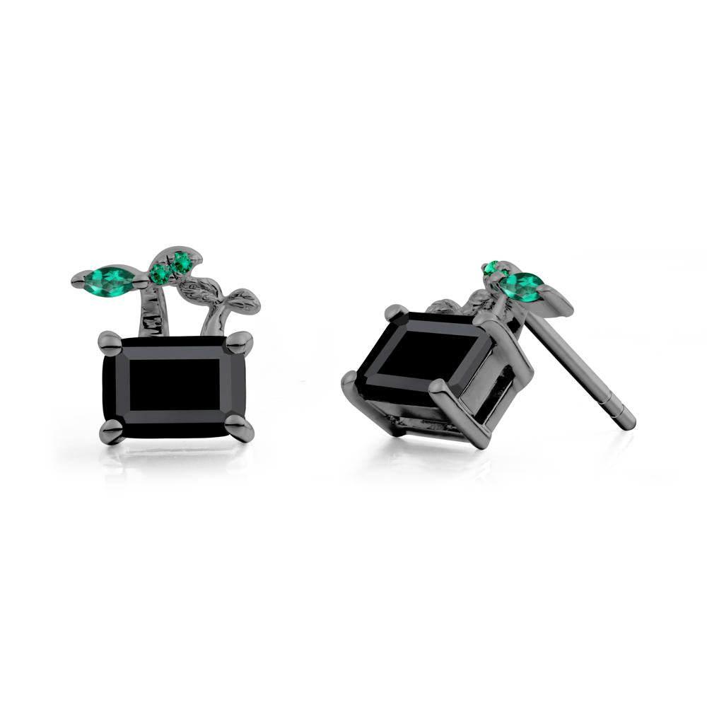 Emerald Cut Black Spinel and Emerald Sprout Earrings - LUO Jewelry #metal_black finish sterling silver