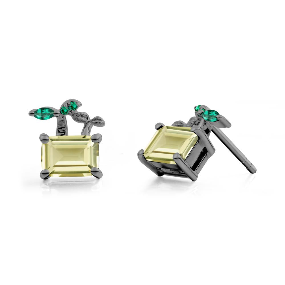 Emerald Cut Lemon Quartz and Emerald Sprout Earrings - LUO Jewelry #metal_black finish sterling silver