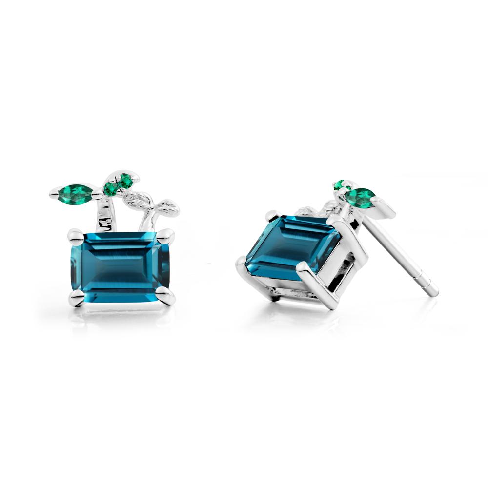 Emerald Cut London Blue Topaz and Emerald Sprout Earrings - LUO Jewelry #metal_18k white gold