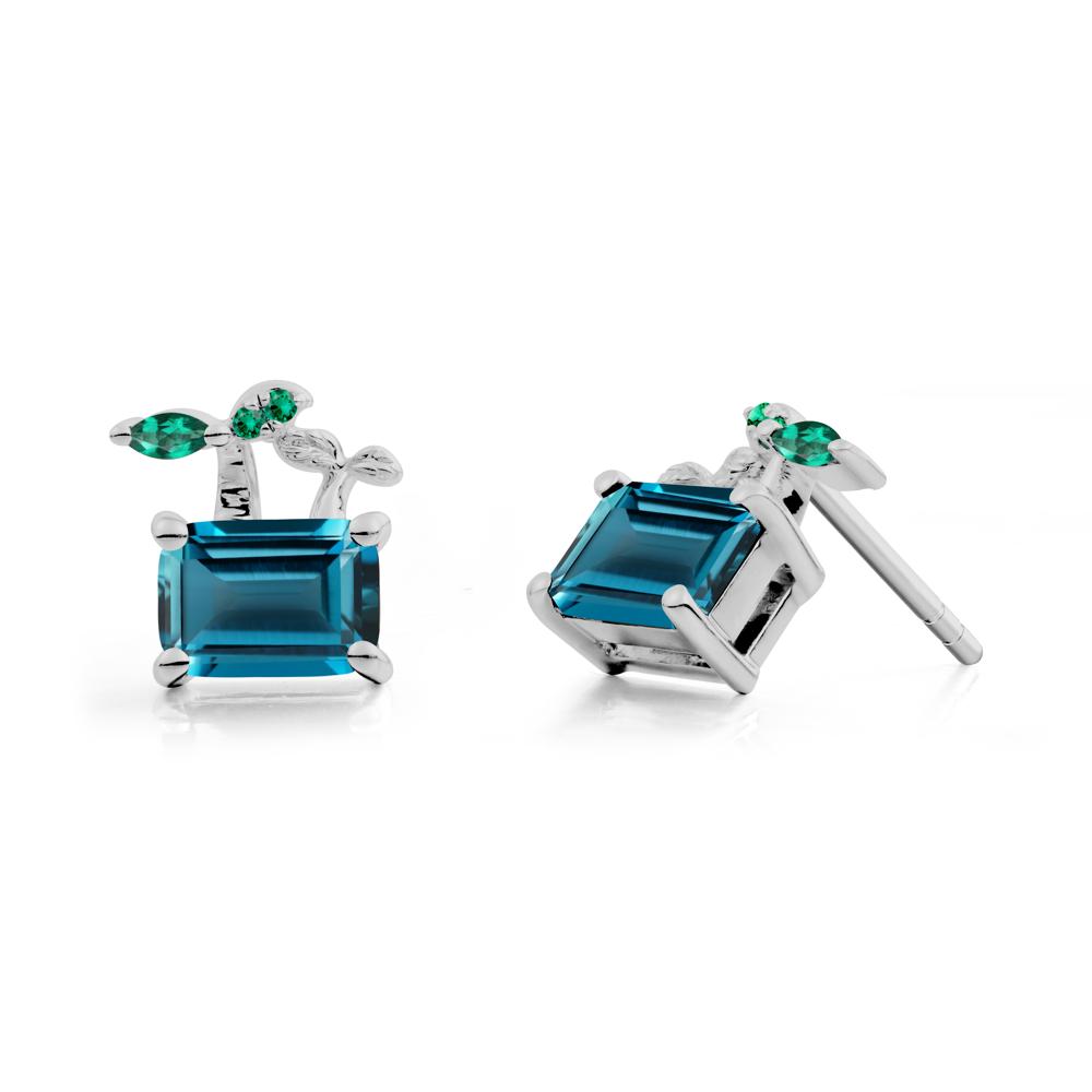 Emerald Cut London Blue Topaz and Emerald Sprout Earrings - LUO Jewelry #metal_platinum