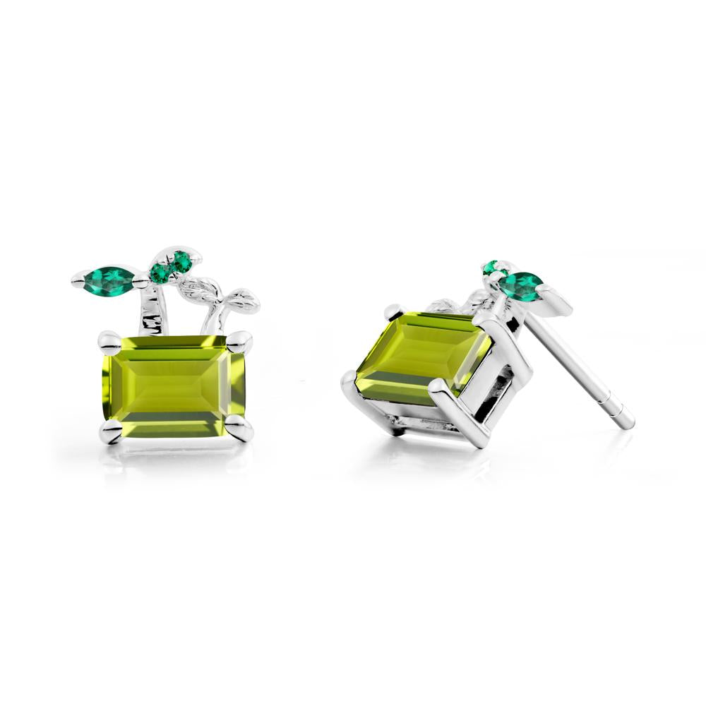 Emerald Cut Peridot and Emerald Sprout Earrings - LUO Jewelry #metal_14k white gold