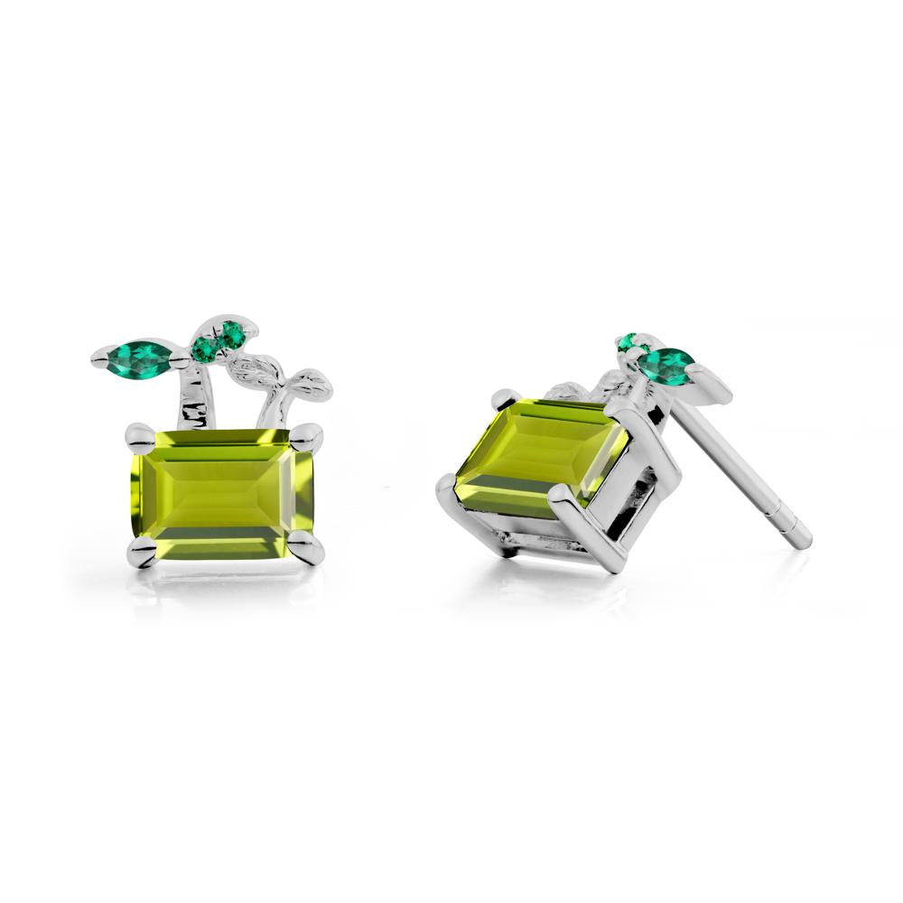 Emerald Cut Peridot and Emerald Sprout Earrings - LUO Jewelry #metal_platinum