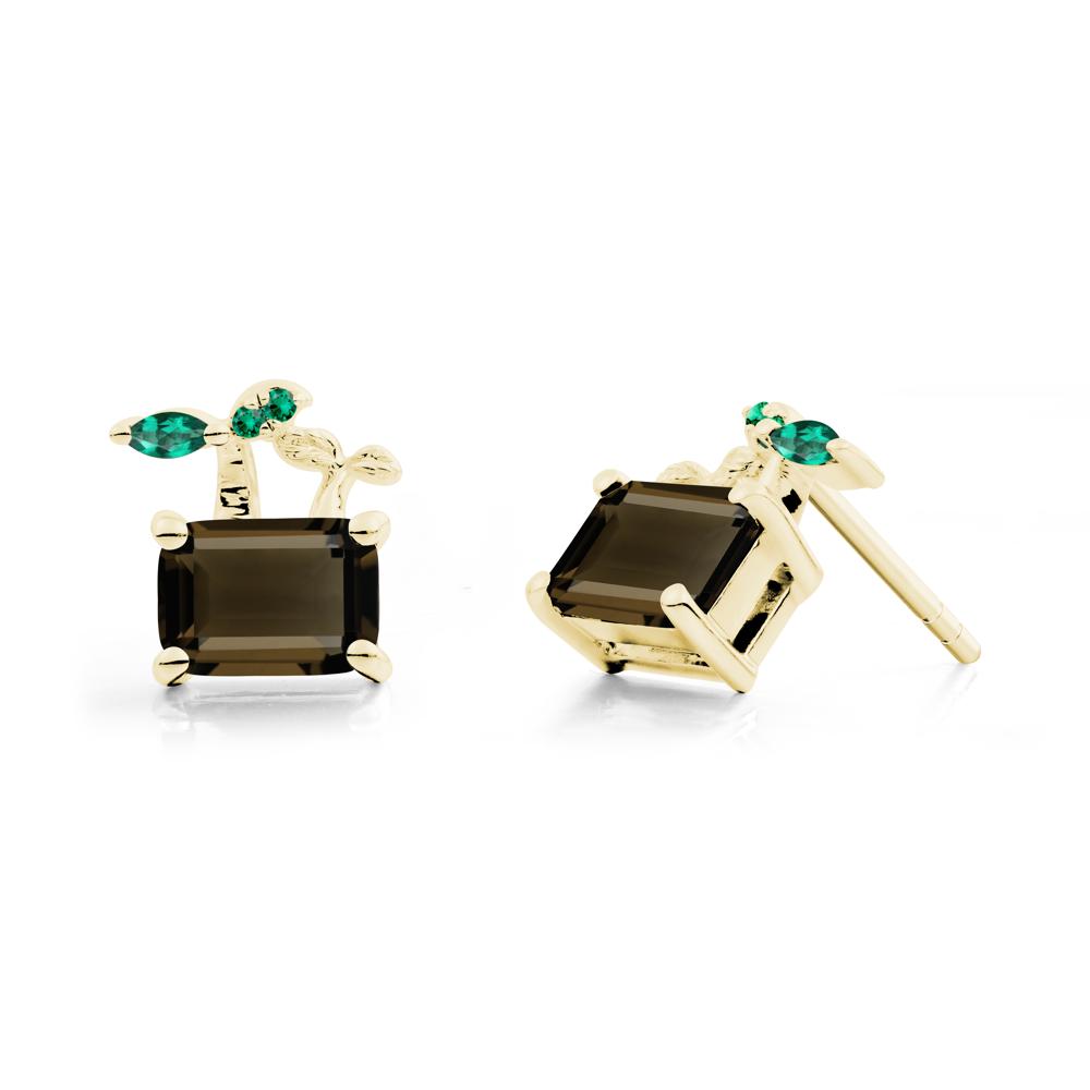 Emerald Cut Smoky Quartz and Emerald Sprout Earrings - LUO Jewelry #metal_18k yellow gold