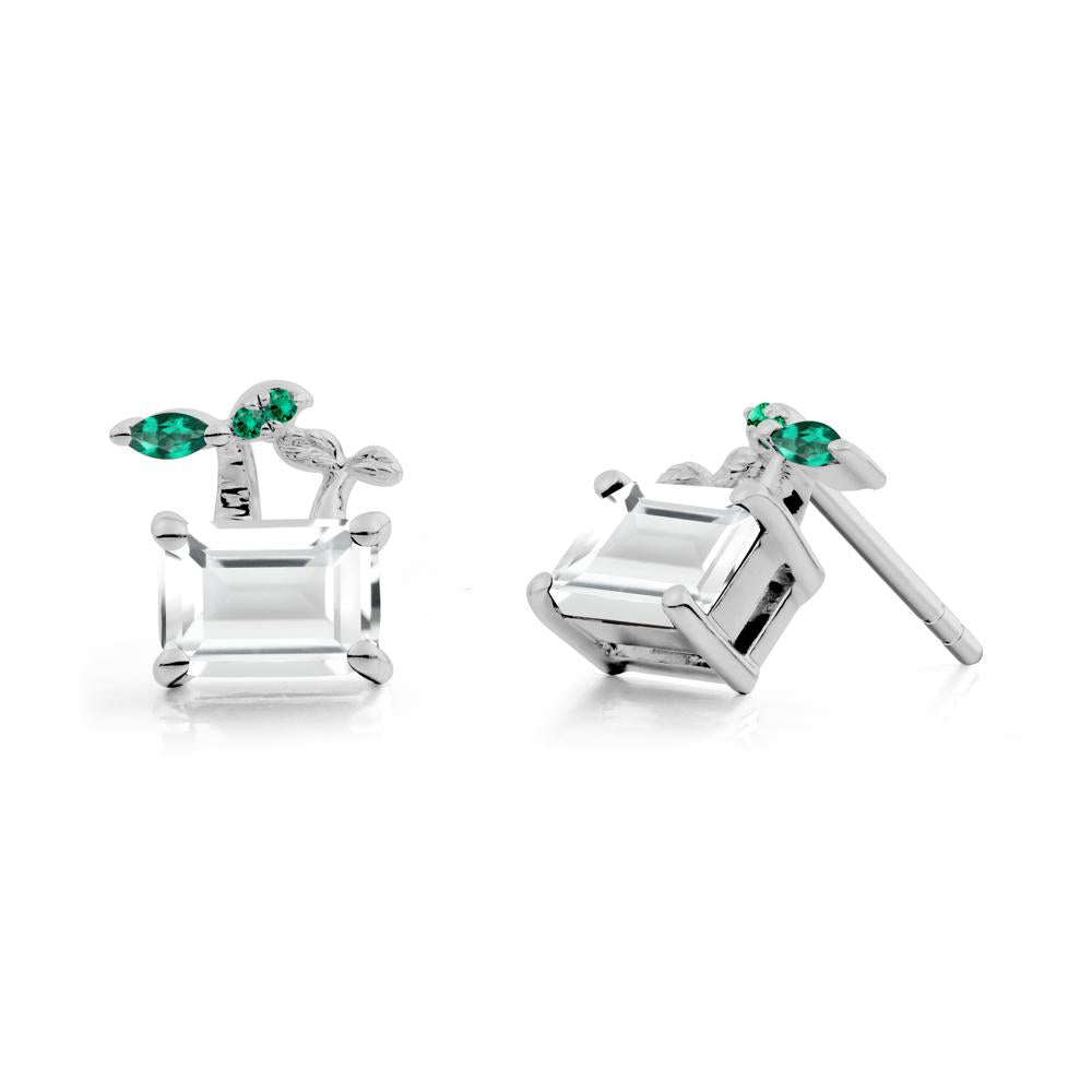 Nature Inspired White Topaz and Emerald Stud Earrings - LUO Jewelry #metal_platinum