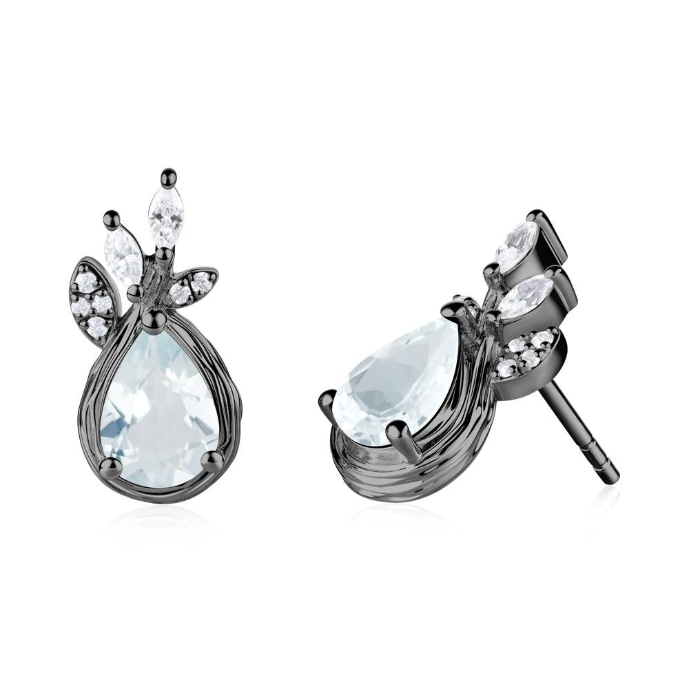 Tear Shaped Aquamarine Leaf Stud Earrings - LUO Jewelry #metal_black finish sterling silver