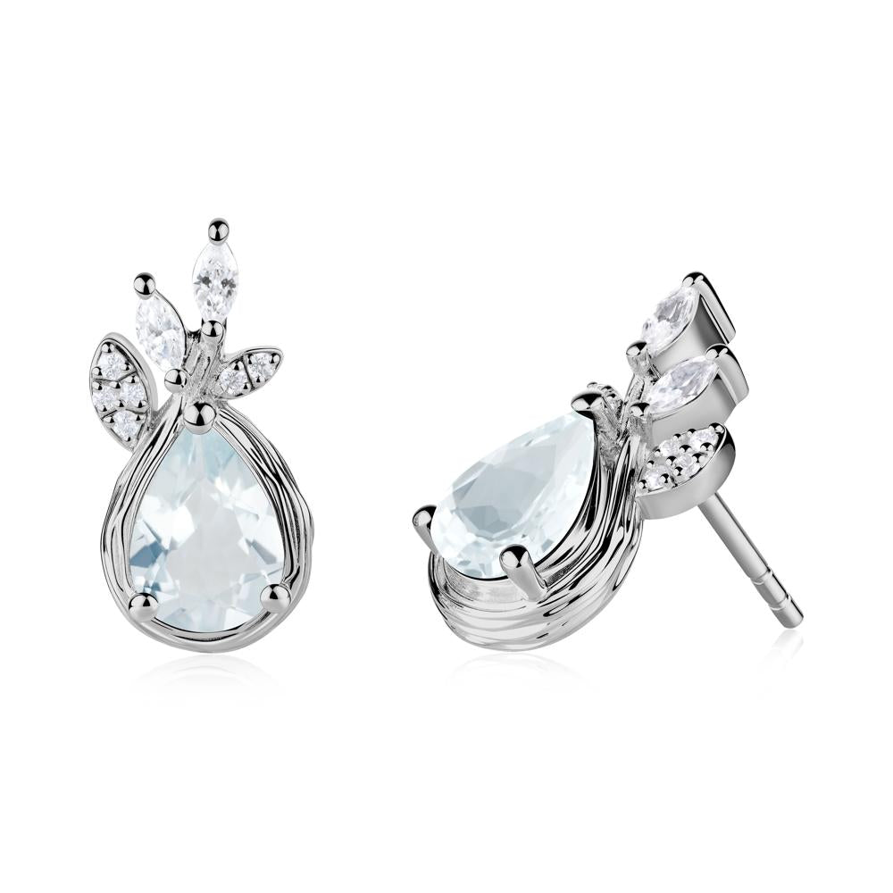 Tear Shaped Aquamarine Leaf Stud Earrings - LUO Jewelry #metal_platinum