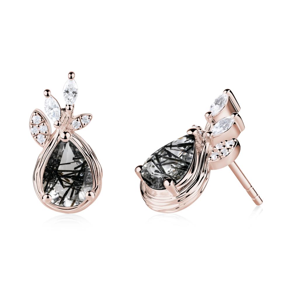 Tree Bark Texture Pear Shaped Black Rutilated Quartz Stud Earrings - LUO Jewelry #metal_14k rose gold