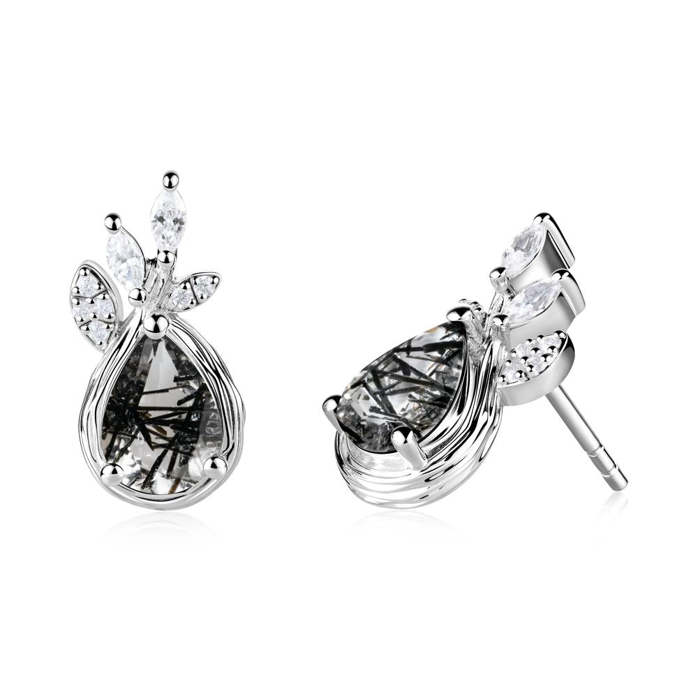 Tree Bark Texture Pear Shaped Black Rutilated Quartz Stud Earrings - LUO Jewelry #metal_14k white gold