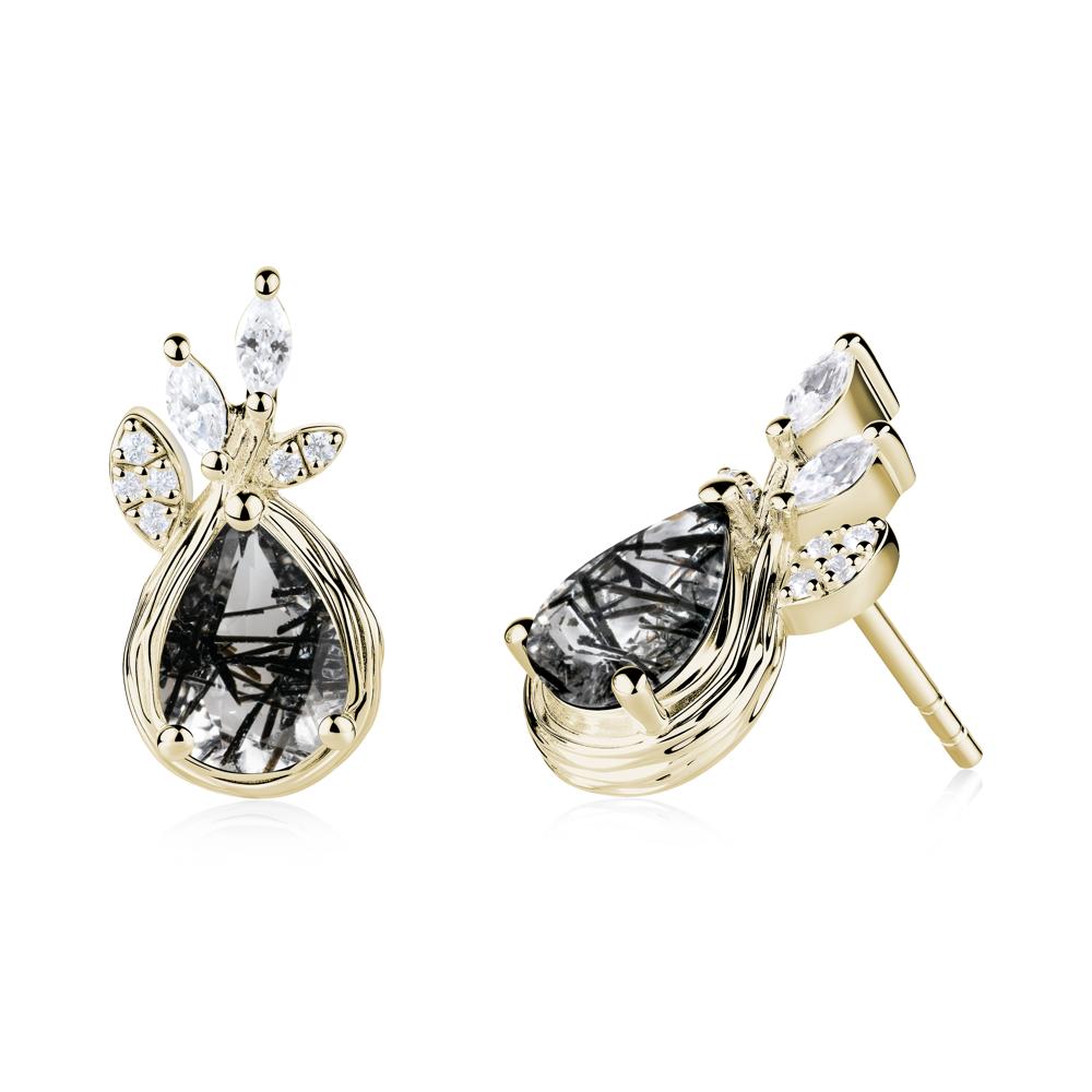 Tree Bark Texture Pear Shaped Black Rutilated Quartz Stud Earrings - LUO Jewelry #metal_14k yellow gold