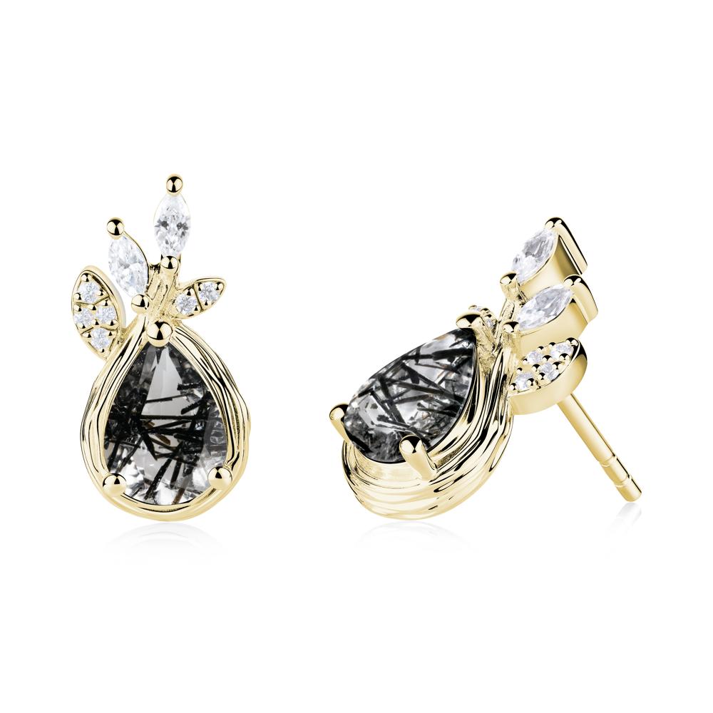 Tree Bark Texture Pear Shaped Black Rutilated Quartz Stud Earrings - LUO Jewelry #metal_18k yellow gold