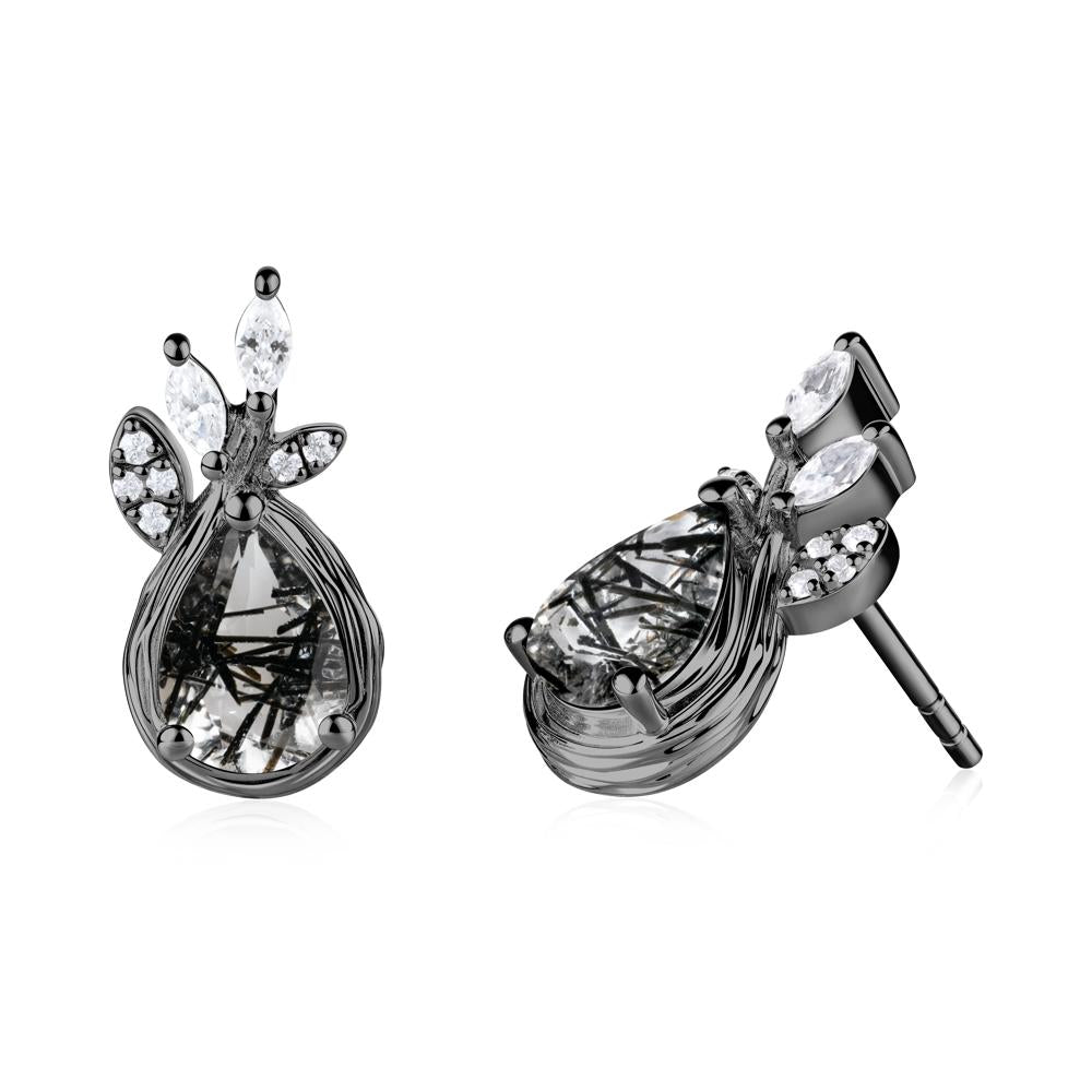 Tree Bark Texture Pear Shaped Black Rutilated Quartz Stud Earrings - LUO Jewelry #metal_black finish sterling silver