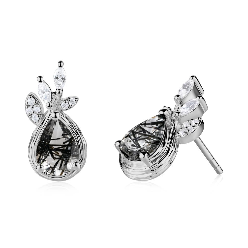 Tree Bark Texture Pear Shaped Black Rutilated Quartz Stud Earrings - LUO Jewelry #metal_platinum