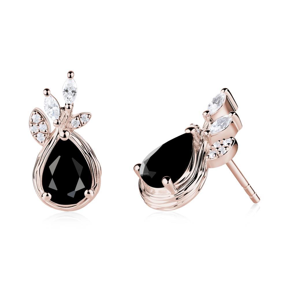 Tear Shaped Black Spinel Leaf Stud Earrings - LUO Jewelry #metal_14k rose gold