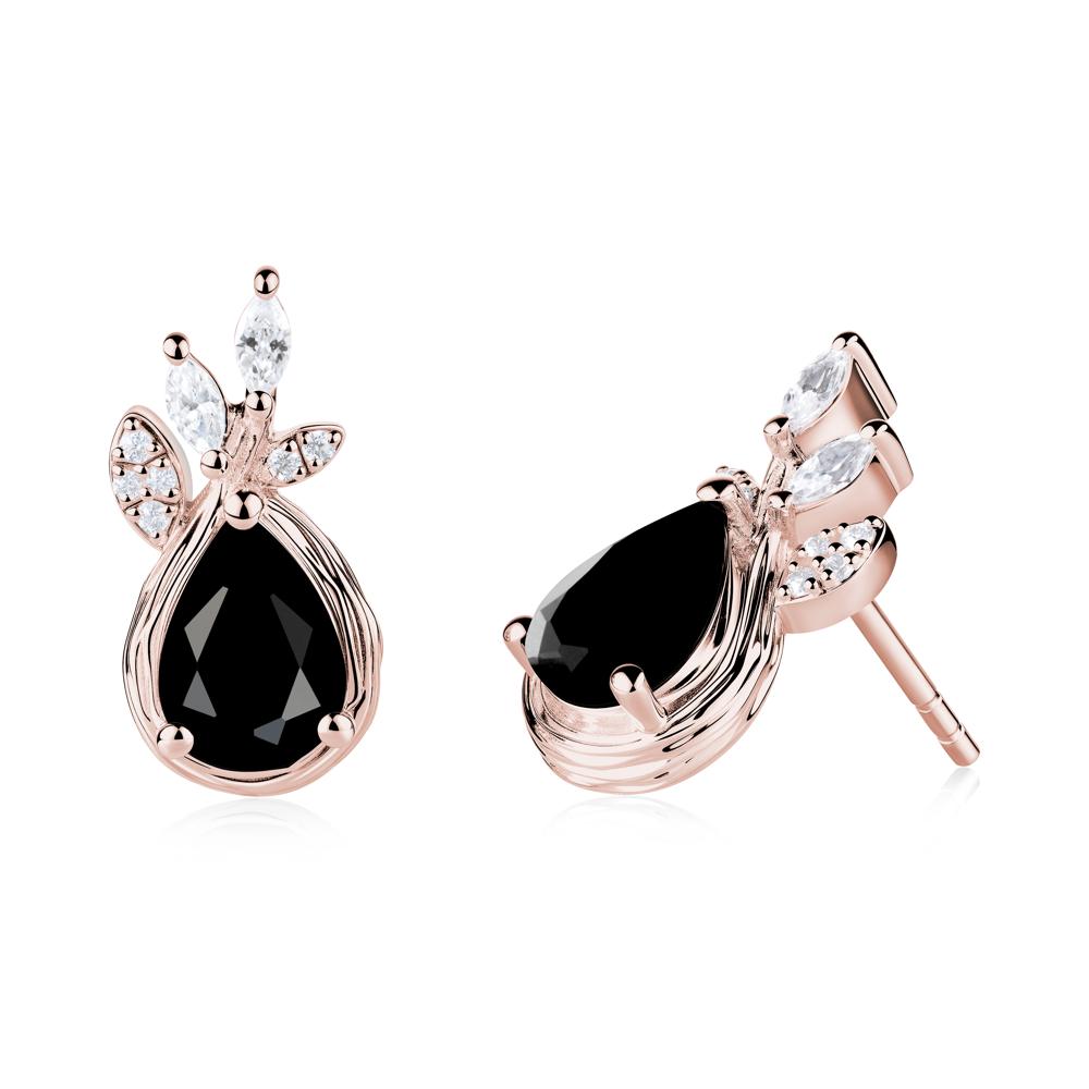 Tear Shaped Black Spinel Leaf Stud Earrings - LUO Jewelry #metal_18k rose gold