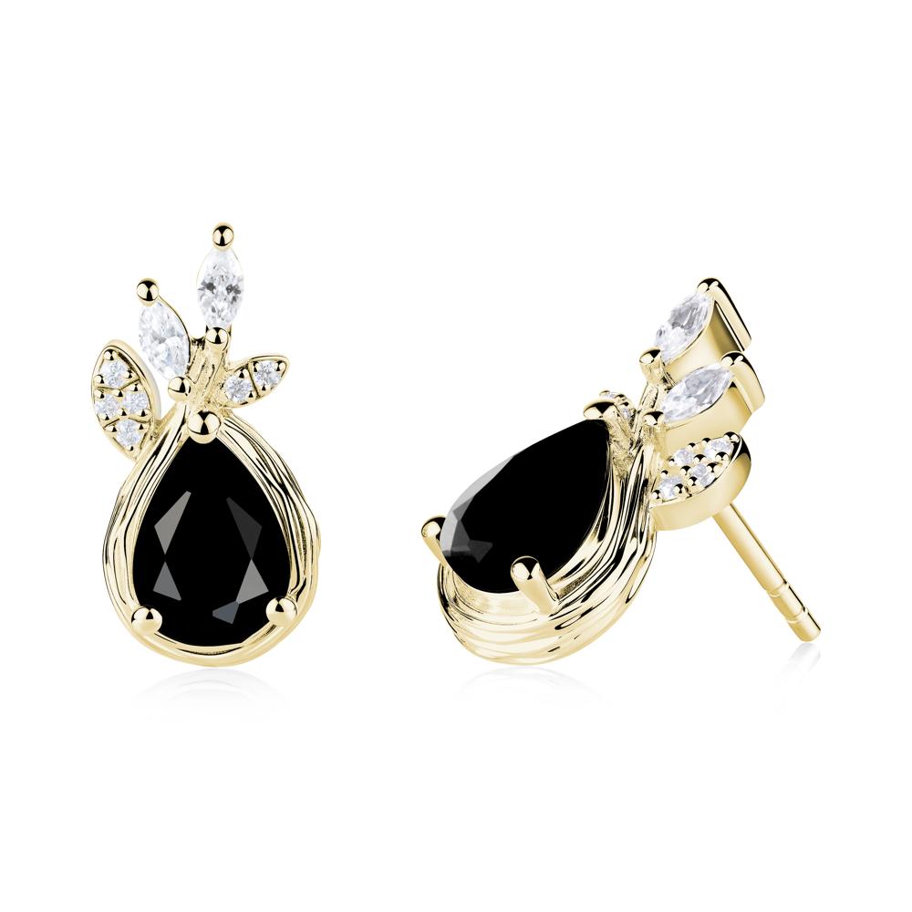 Tear Shaped Black Spinel Leaf Stud Earrings - LUO Jewelry #metal_18k yellow gold
