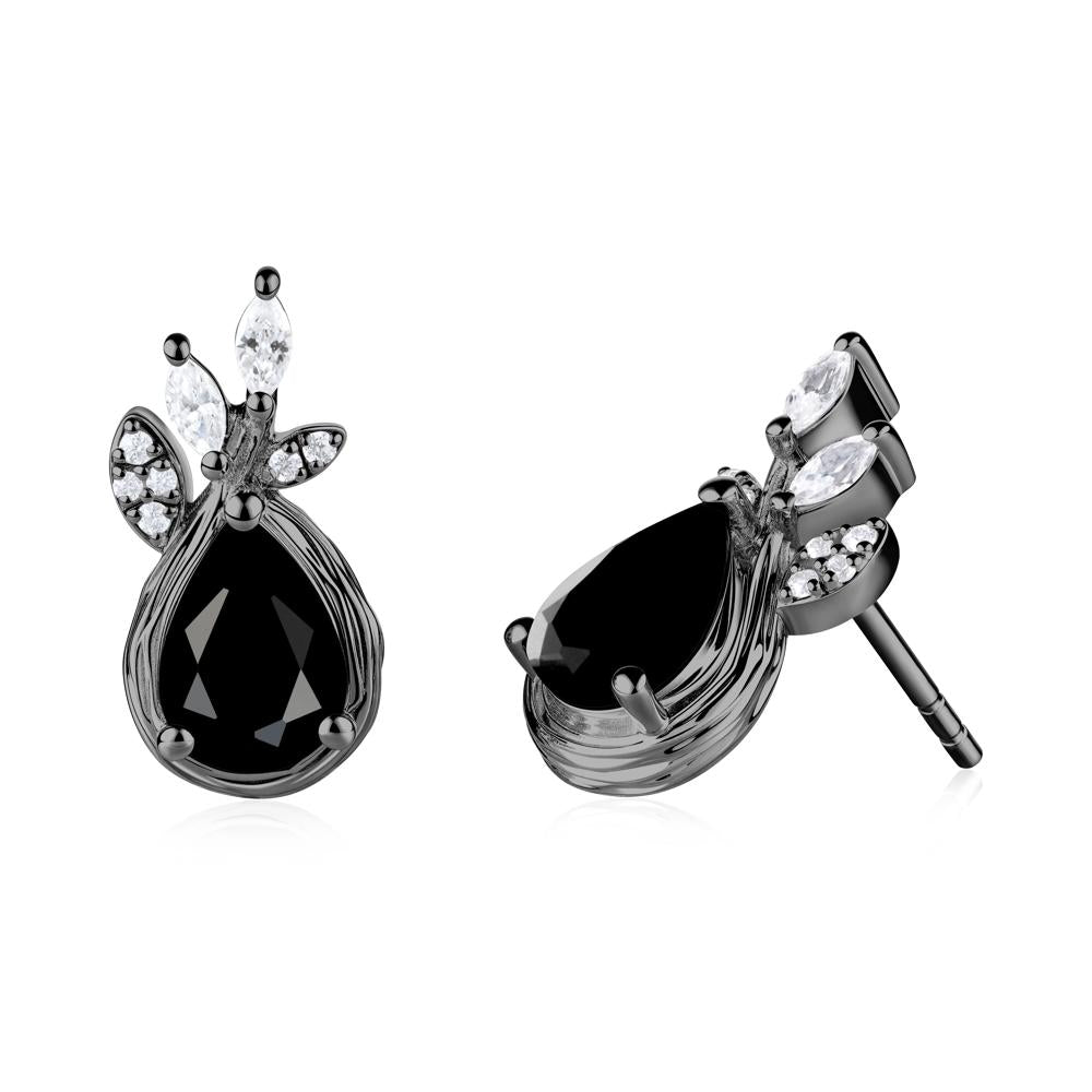 Tear Shaped Black Spinel Leaf Stud Earrings - LUO Jewelry #metal_black finish sterling silver