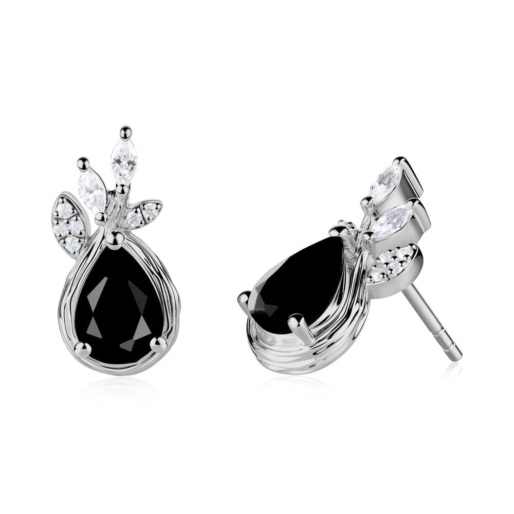 Tear Shaped Black Spinel Leaf Stud Earrings - LUO Jewelry #metal_platinum