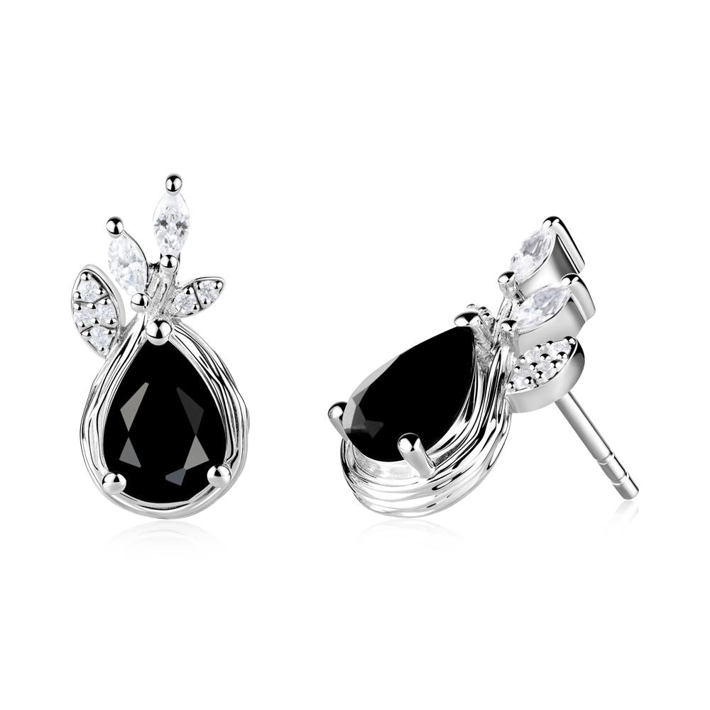 Tear Shaped Black Spinel Leaf Stud Earrings - LUO Jewelry #metal_sterling silver