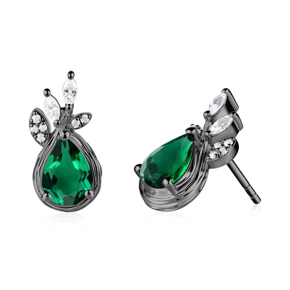 Tree Bark Texture Pear Shaped Emerald Stud Earrings - LUO Jewelry #metal_black finish sterling silver