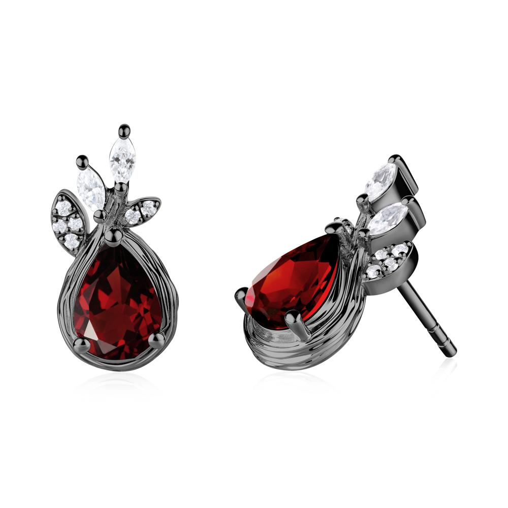 Tree Bark Texture Pear Shaped Garnet Stud Earrings - LUO Jewelry #metal_black finish sterling silver