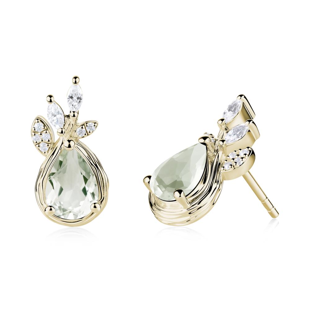 Tree Bark Texture Pear Shaped Green Amethyst Stud Earrings - LUO Jewelry #metal_14k yellow gold