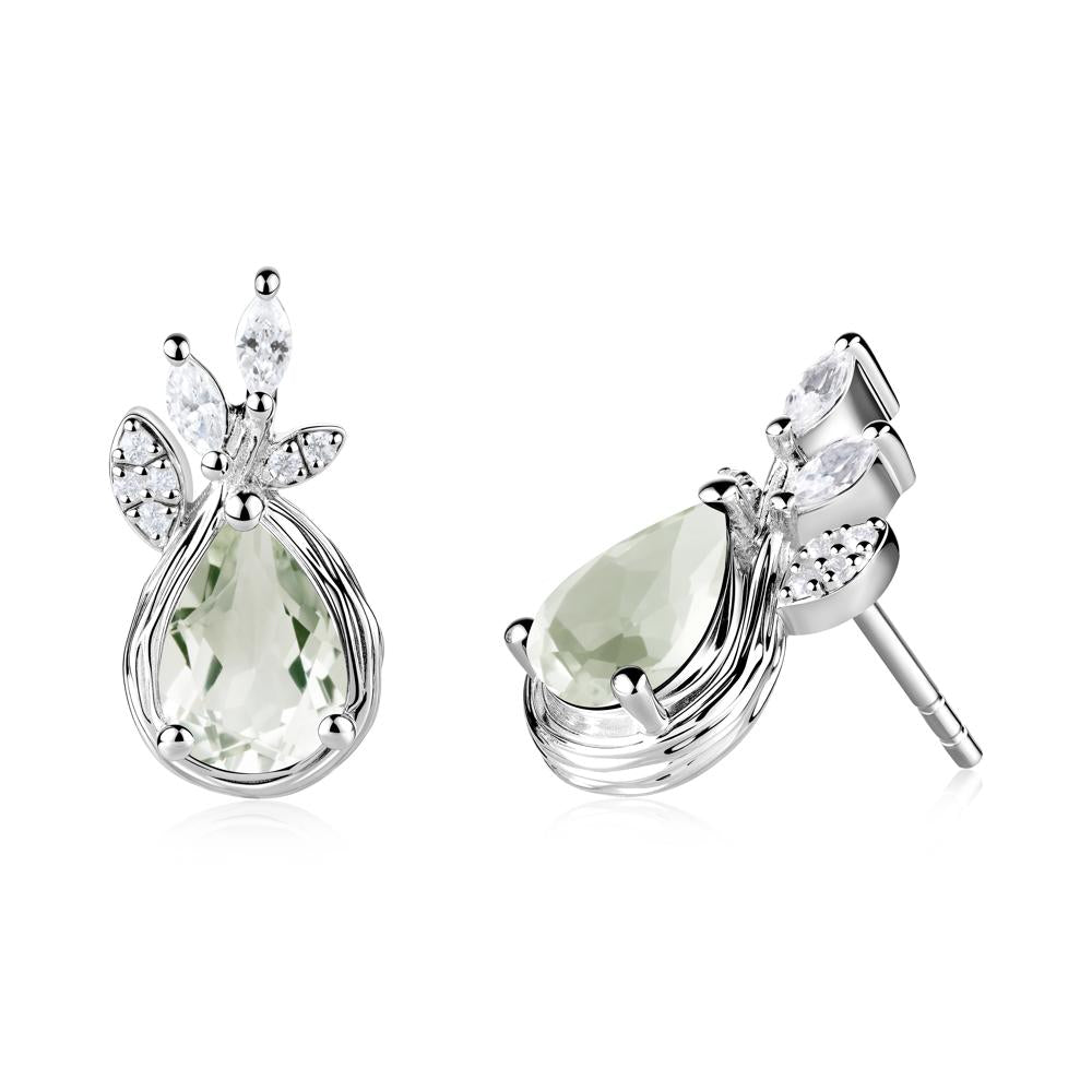 Tree Bark Texture Pear Shaped Green Amethyst Stud Earrings - LUO Jewelry #metal_18k white gold