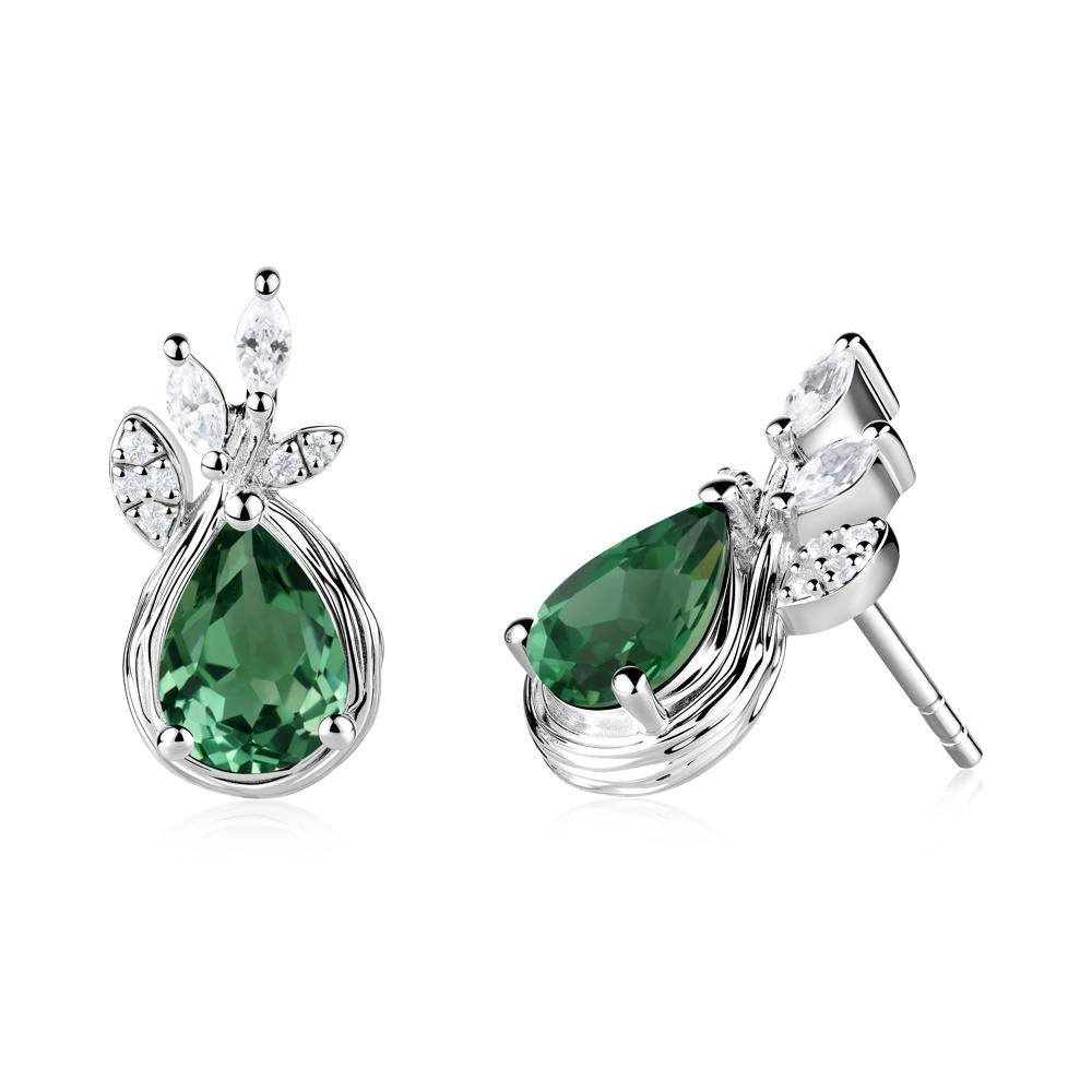 Tear Shaped Green Sapphire Leaf Stud Earrings - LUO Jewelry #metal_14k white gold