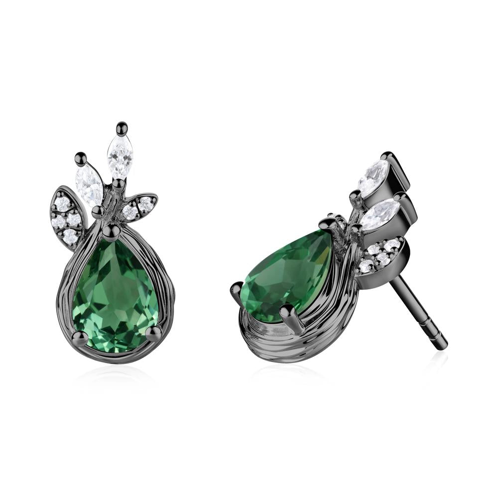Tear Shaped Green Sapphire Leaf Stud Earrings - LUO Jewelry #metal_black finish sterling silver