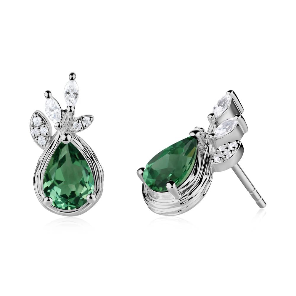 Tear Shaped Green Sapphire Leaf Stud Earrings - LUO Jewelry #metal_platinum