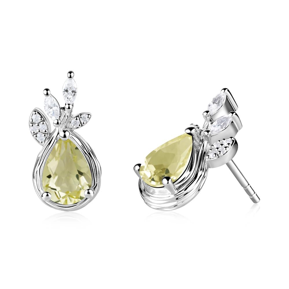 Tear Shaped Lemon Quartz Leaf Stud Earrings - LUO Jewelry #metal_18k white gold