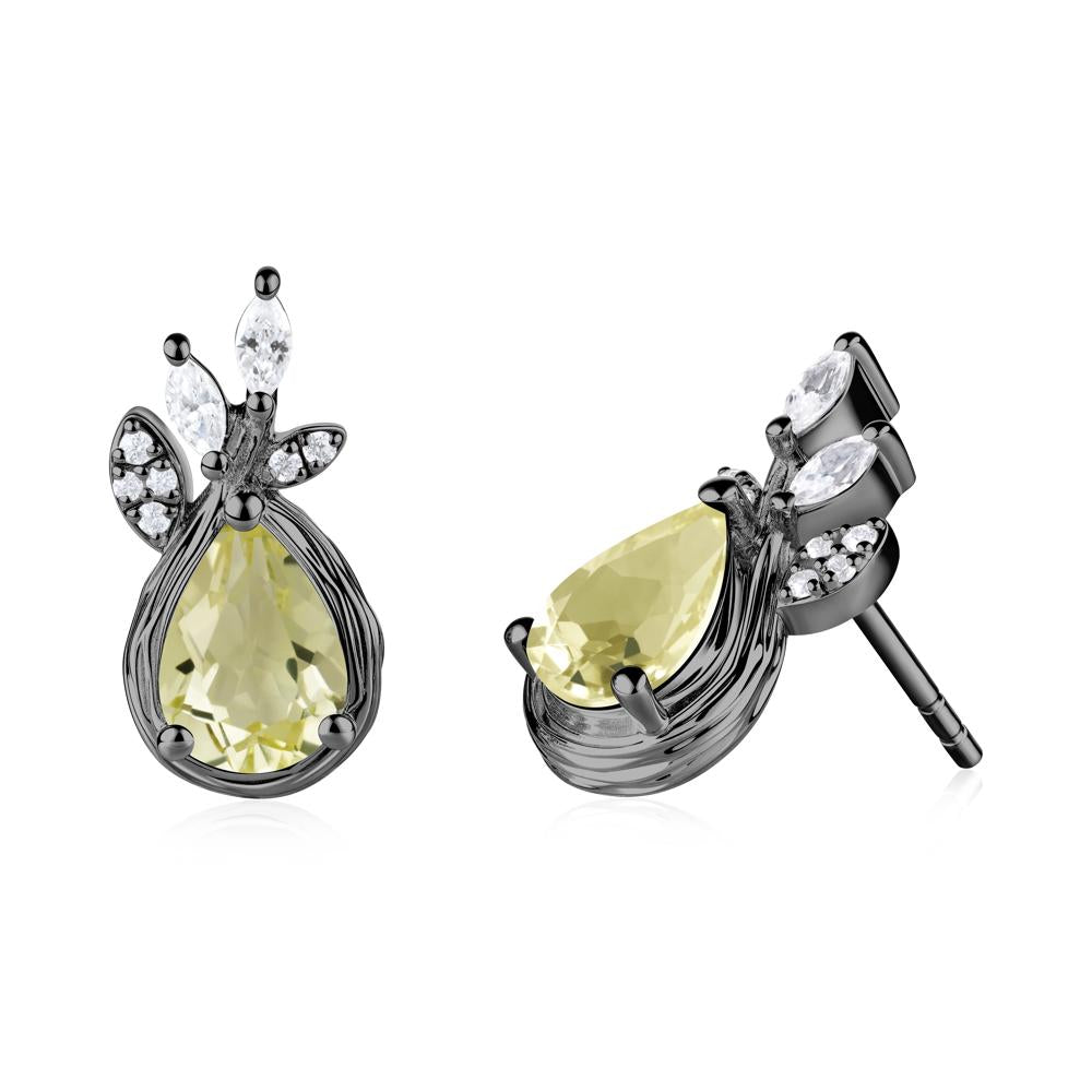 Tear Shaped Lemon Quartz Leaf Stud Earrings - LUO Jewelry #metal_black finish sterling silver