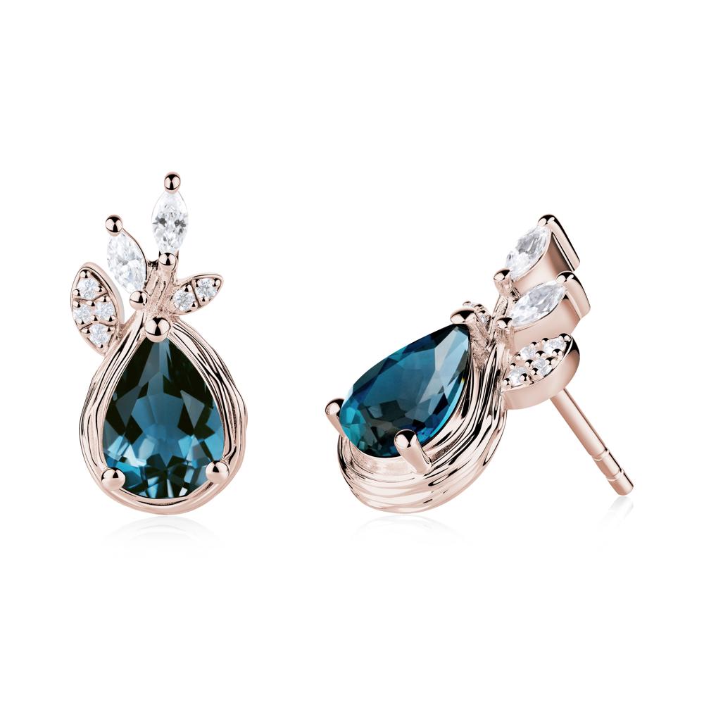 Tear Shaped London Blue Topaz Leaf Stud Earrings - LUO Jewelry #metal_14k rose gold