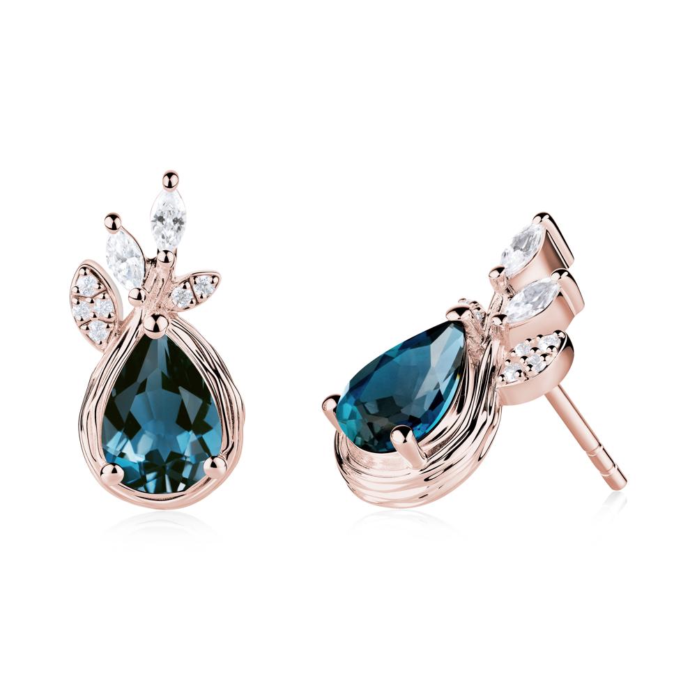 Tear Shaped London Blue Topaz Leaf Stud Earrings - LUO Jewelry #metal_18k rose gold