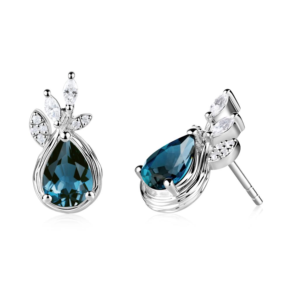 Tear Shaped London Blue Topaz Leaf Stud Earrings - LUO Jewelry #metal_18k white gold