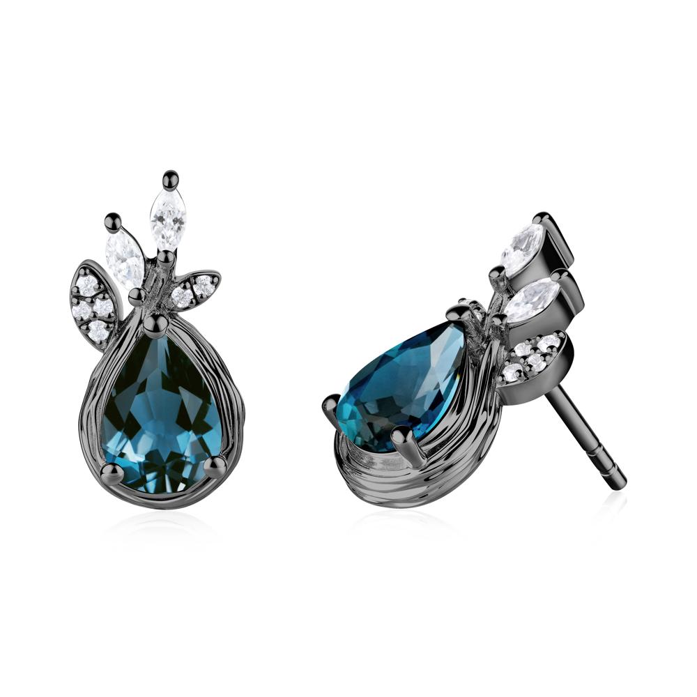 Tear Shaped London Blue Topaz Leaf Stud Earrings - LUO Jewelry #metal_black finish sterling silver
