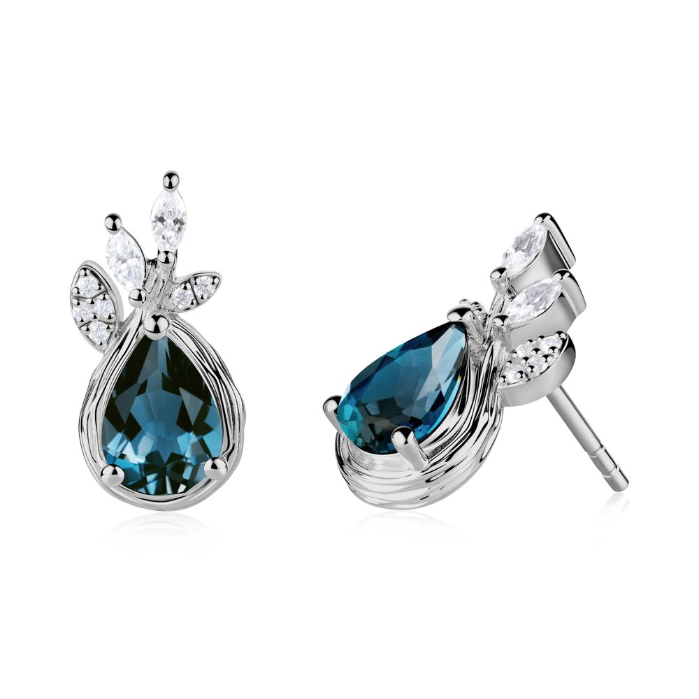 Tear Shaped London Blue Topaz Leaf Stud Earrings - LUO Jewelry #metal_platinum